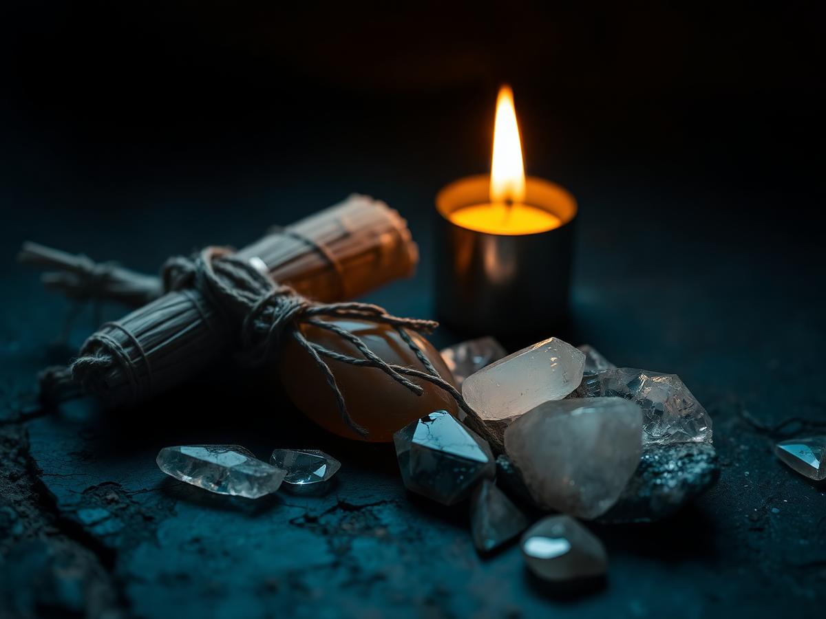 Crystals, sage and candle in warm light