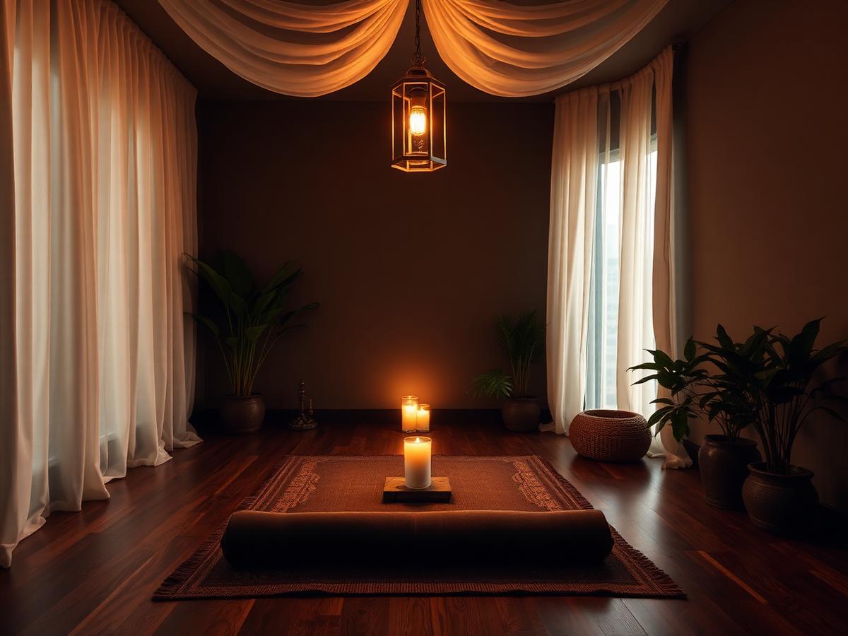 Meditation sanctuary with warm lantern light